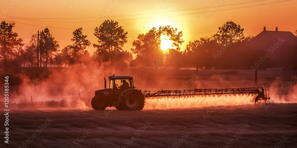 Fototapeta premium Tractor sprays field at sunset, creating a hazy, agricultural scene of rural work.
