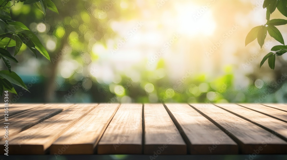 Wooden Tabletop in a Sunny Green Garden - Summer Background Wooden Tabletop in a Sunny Green Garden - Summer Background
