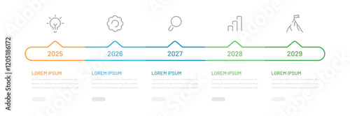 Timeline  infographic template. 5 Step thin line timeline journey, template for presentation. Management, evolution, success concept