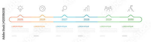 A thin linear business infographic for a presentation consisting of 6 steps, stages of achieving a goal. Project planning by year or month, editable icons