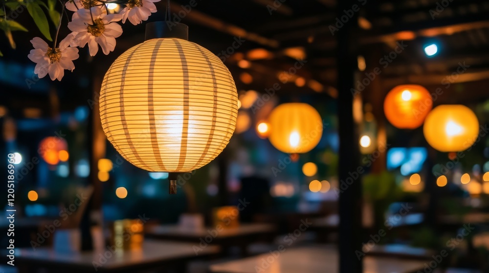 Obraz premium Illuminated Outdoor Restaurant with Paper Lanterns and Blossoms