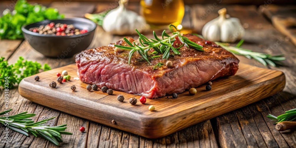 A tender piece of rump steak placed on a cutting board, garnished with fresh herbs and presented in a warm and inviting kitchen environment , meat cut, cooking surface A tender piece of rump steak placed on a cutting board, garnished with fresh herbs and presented in a warm and inviting kitchen environment , meat cut, cooking surface