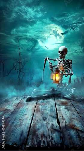 Skeleton Sits on Wooden Pla...