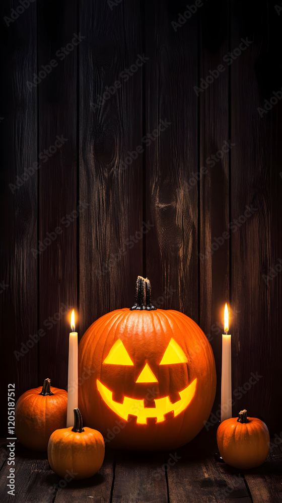 Fototapeta premium Smiling Jack-o'-lantern Sits Amidst Pumpkins and Candles, on a Dark Wooden Background for a Spooky Setting.