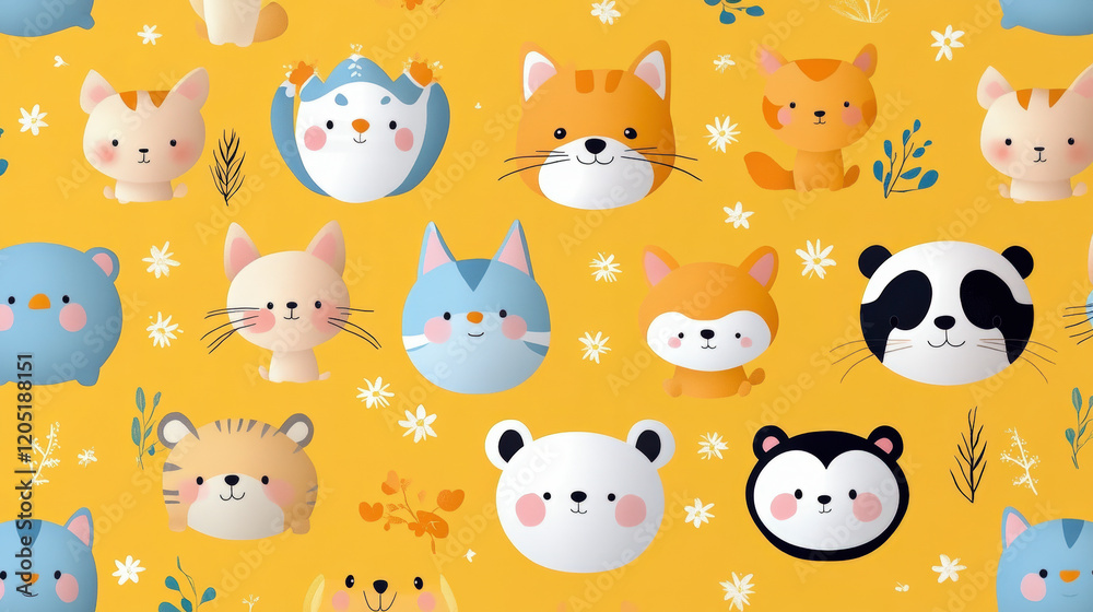 Adorable animal faces pattern with cute cat, bear, and fox illustrations on a vibrant yellow background for playful decor. Adorable animal faces pattern with cute cat, bear, and fox illustrations on a vibrant yellow background for playful decor.