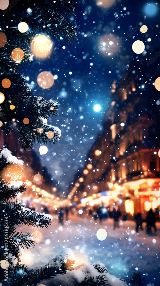 Naklejka premium Snowy Pine Branches Frame a Festive City Street at Night with Twinkling Lights and Falling Snow.