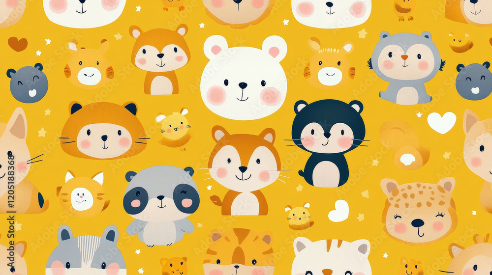 Fototapeta premium Colorful cartoon animal characters on yellow background, perfect for children?s illustration, wallpaper, nursery decor, playful design concepts.