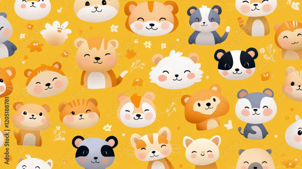 Adorable cartoon animals on a yellow background create a cheerful pattern perfect for children's decor and playful designs. Adorable cartoon animals on a yellow background create a cheerful pattern perfect for children's decor and playful designs.