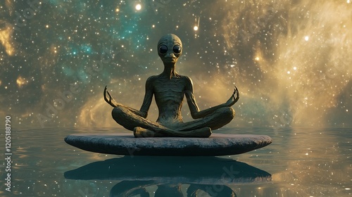 An alien seated on a floating platform observing the infinite wonders of the cosmos