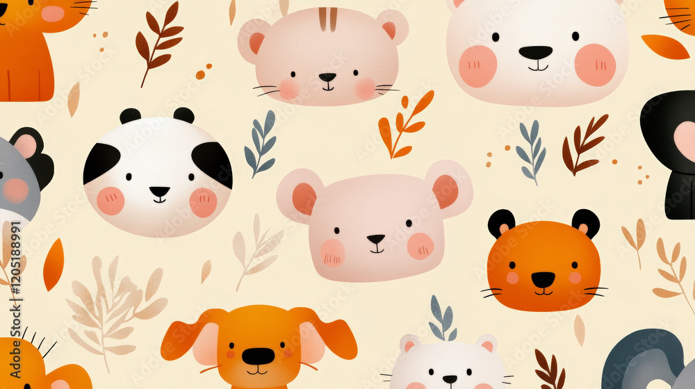 Obraz premium Adorable animal pattern wallpaper with cute cartoon faces of bears, pandas, and more. Perfect for nursery decoration inspiration.