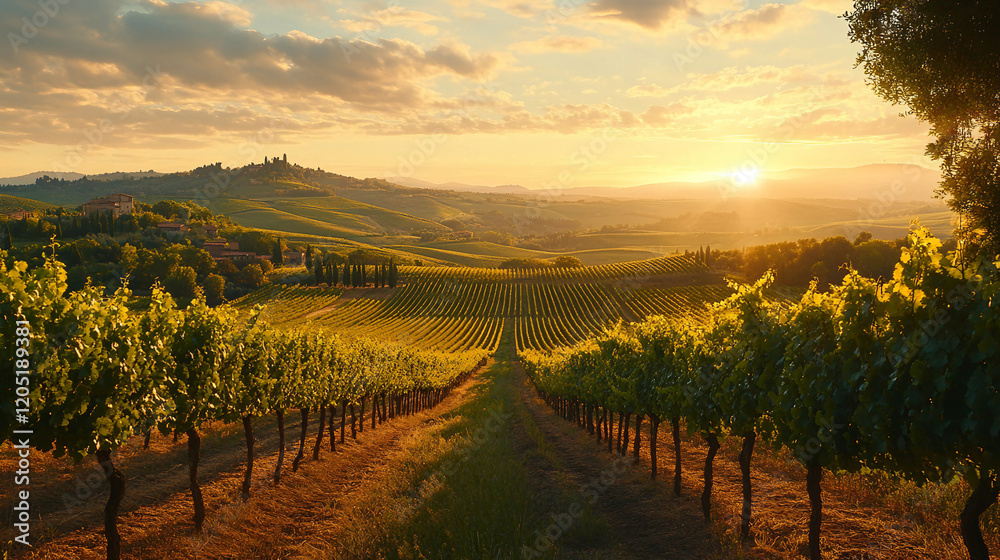 Naklejka premium A beautiful vineyard with a sun setting in the background