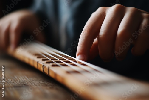 Musician practicing fingerstyle technique on wooden string instrument indoors photo