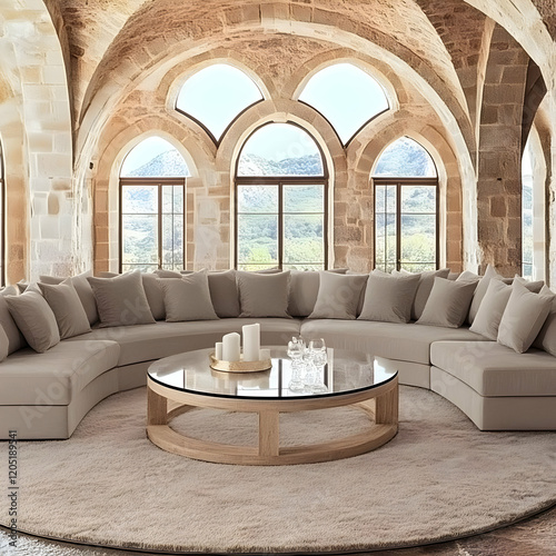 Beige Curved Sofa in a Ston...