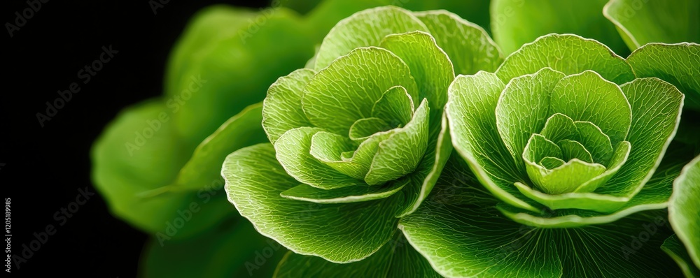 Fototapeta premium A close-up of vibrant green leaves resembling rosettes, showcasing intricate textures against a dark background.