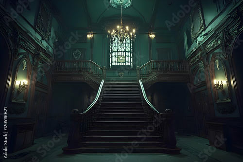 Grand Staircase Illuminates Dark, Ornate Mansion Interior with Eerie Green Glow photo