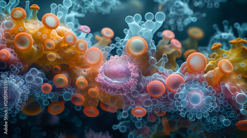 ancient microbes under microscope reveal intricate cellular structures, showcasing their mysterious and ancient nature.  Ideal for scientific and educational content.