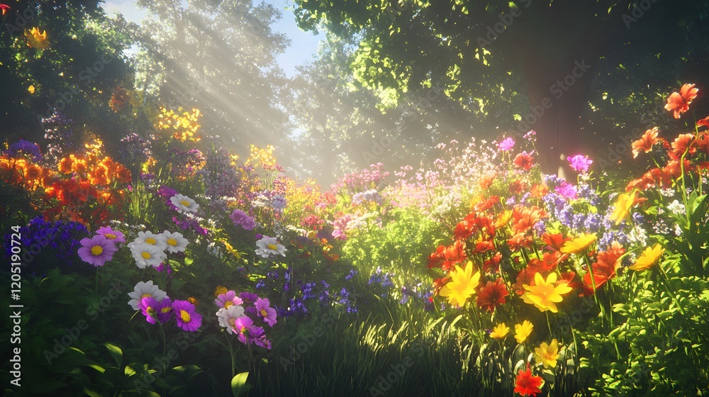 Obraz premium Sunlit Garden With Vibrant Colorful Flowers Blooming