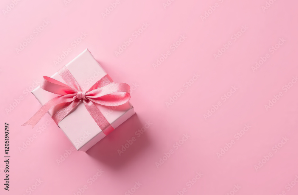 Elegant gift box with pink ribbon on soft pink background Elegant gift box with pink ribbon on soft pink background