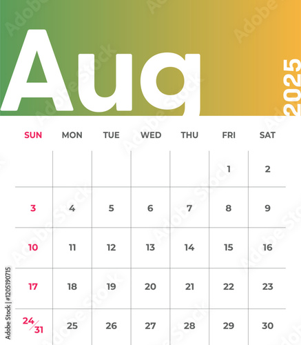 Monthly Calendar for August 2025. The week begins on Sunday. Time, planning and schedule concept. Flat gradient design. Removable calendar for the month. Vector illustration