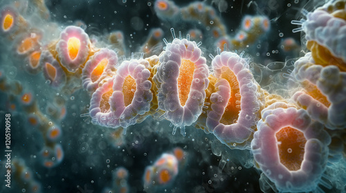 ancient microbes under microscope reveal intricate cellular structures, showcasing their mysterious and ancient nature.  Ideal for scientific and educational content.