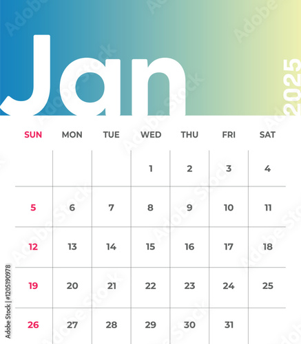Monthly Calendar for January 2025. The week begins on Sunday. Time, planning and schedule concept. Flat gradient design. Removable calendar for the month. Vector illustration