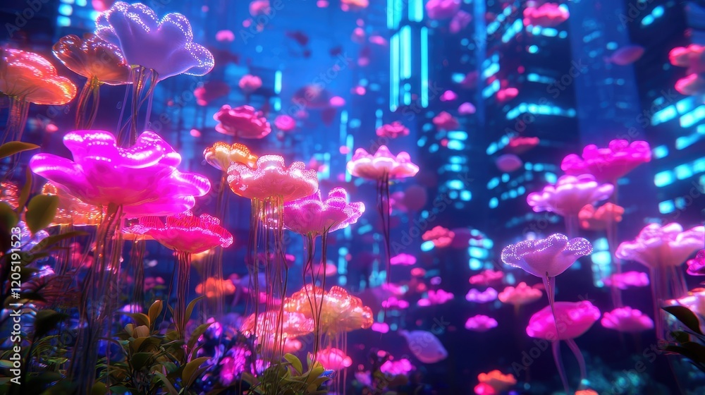 Beyond Imagination concept. A city submerged underwater with glowing sea life coexisting among ruins of skyscrapers Beyond Imagination concept. A city submerged underwater with glowing sea life coexisting among ruins of skyscrapers