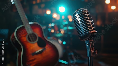 A vintage microphone stands in focus with an acoustic guitar in the background, capturing the essence of live music and soulful performances.