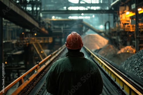 Wallpaper Mural A worker in a hard hat stands in an industrial facility, observing the operation of machinery and conveyor belts. The environment is dim and atmospheric. Torontodigital.ca