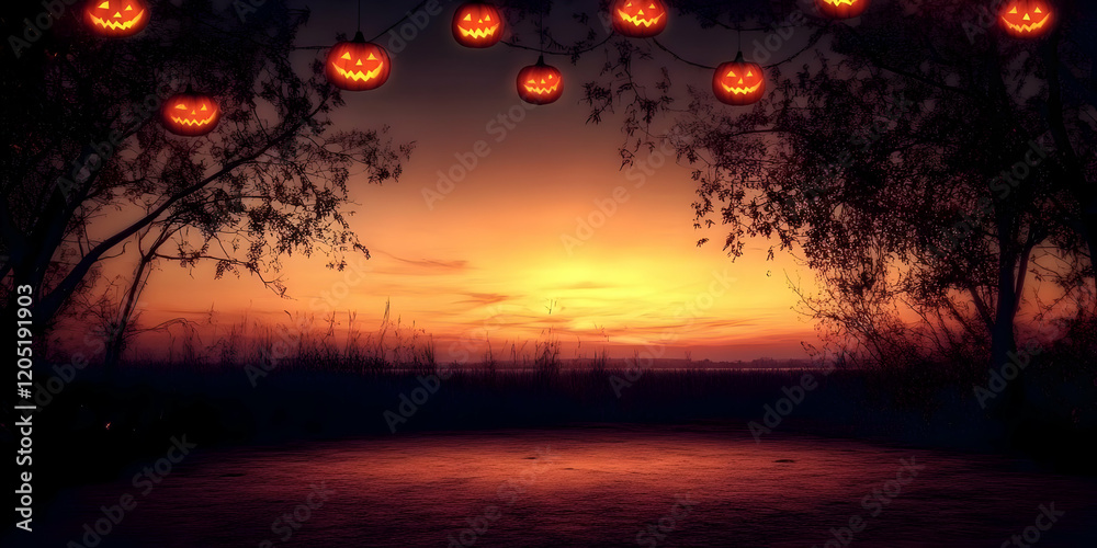 Glowing Jack-o'-lanterns illuminate a spooky Halloween sunset background with dramatic red-orange sky. Glowing Jack-o'-lanterns illuminate a spooky Halloween sunset background with dramatic red-orange sky.