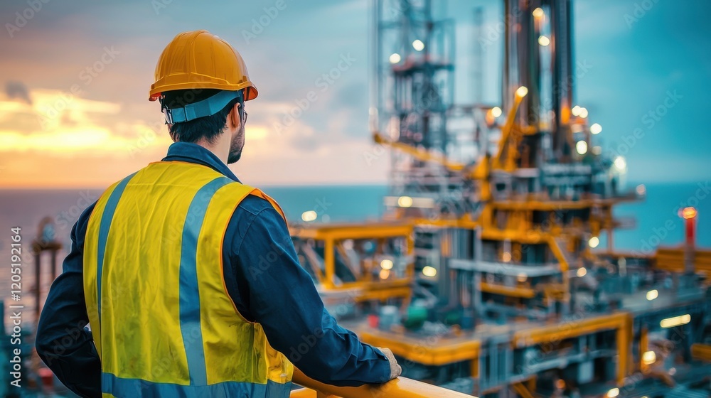 A worker in safety gear observes an offshore oil rig at sunset, symbolizing the energy sector's advancements and the importance of worker safety. A worker in safety gear observes an offshore oil rig at sunset, symbolizing the energy sector's advancements and the importance of worker safety.