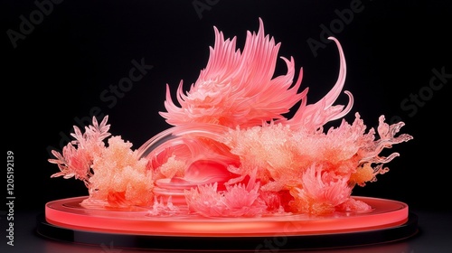 Illuminated Pink Dragon Sculpture in Floral Setting