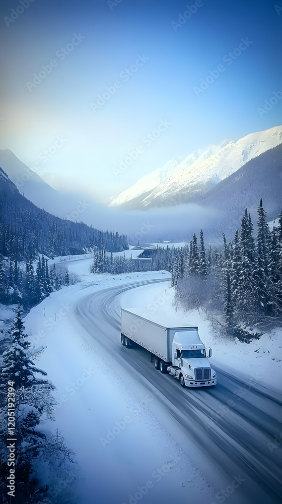 White Semi-Truck Travels on Snowy Mountain Road in Winter Landscape