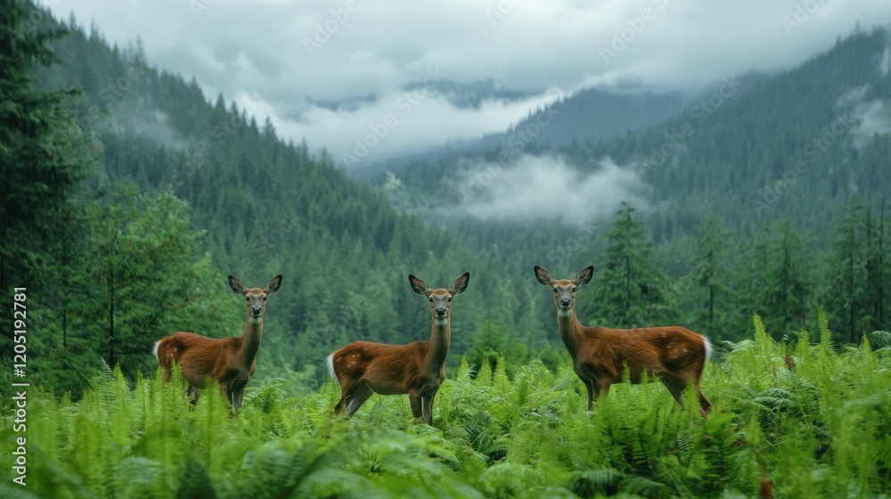 Three deer stand amidst lush green ferns and tall trees, with misty mountains shrouded in clouds in the background, creating a serene natural scene. Three deer stand amidst lush green ferns and tall trees, with misty mountains shrouded in clouds in the background, creating a serene natural scene.