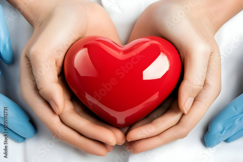 Hands holding a red glossy anatomical heart model gently and carefully with blue medical gloves. photo