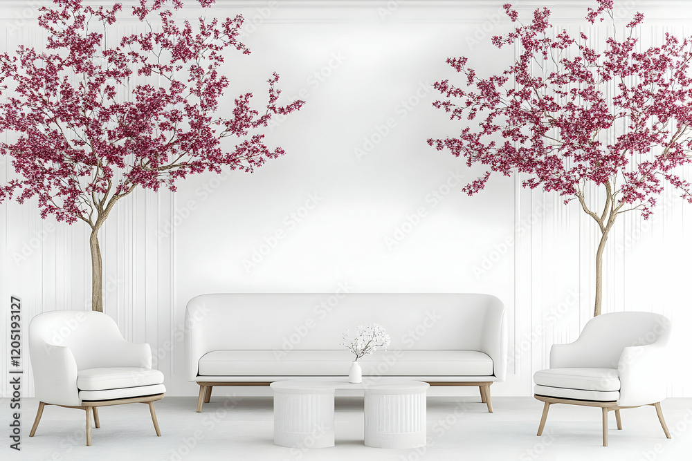 White sofa and armchairs in a minimalist living room with flowering trees elegantly placed