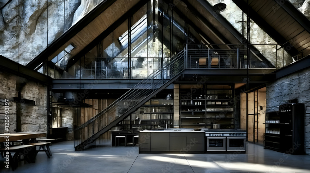 Modern Industrial Loft Kitchen Features a Sleek Design with Exposed Brick Walls and Metal Beams Modern Industrial Loft Kitchen Features a Sleek Design with Exposed Brick Walls and Metal Beams