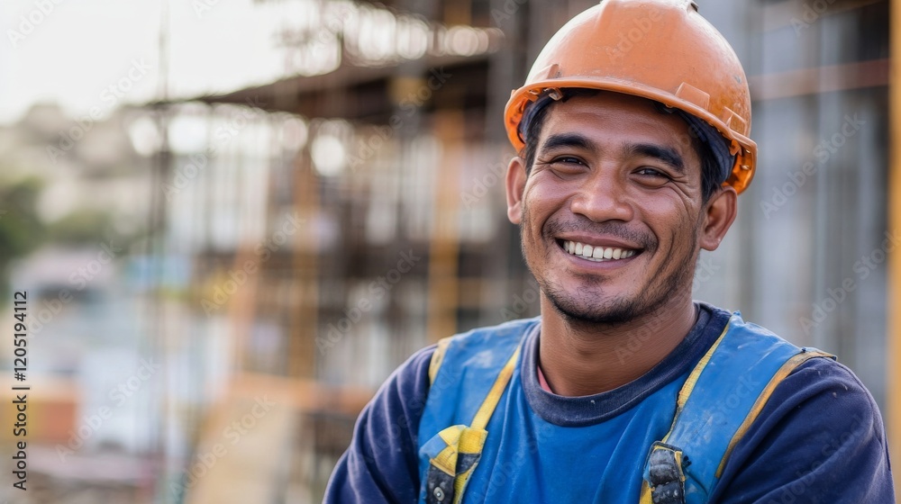 A construction worker smiling at the camera, with an unfinished building structure behind, Construction site scene A construction worker smiling at the camera, with an unfinished building structure behind, Construction site scene