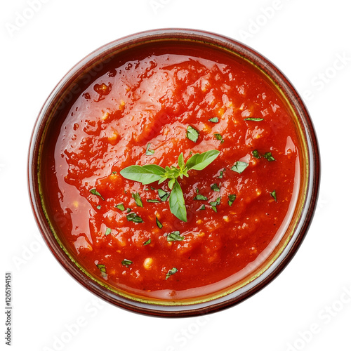 A bowl of rich red tomato sauce garnished with herbs, perfect for pasta or pizza.