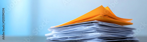 Stack of documents and folders on office desk with blue background, representing organization and paperwork.