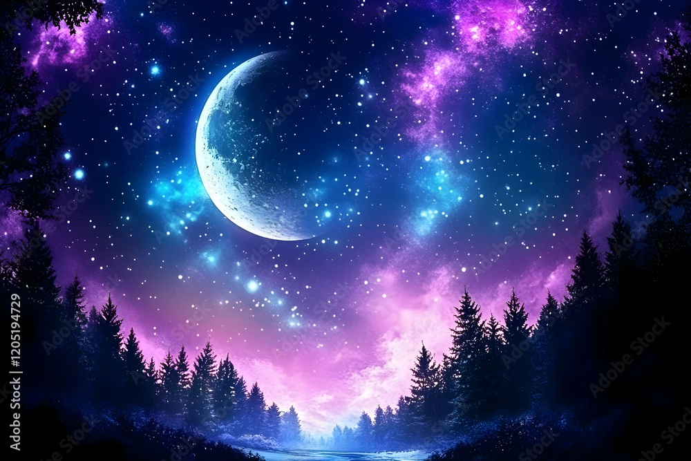 Fototapeta premium Crescent Moon Illuminates a Mystical Forest Under a Starry Night Sky with Purple Nebulae