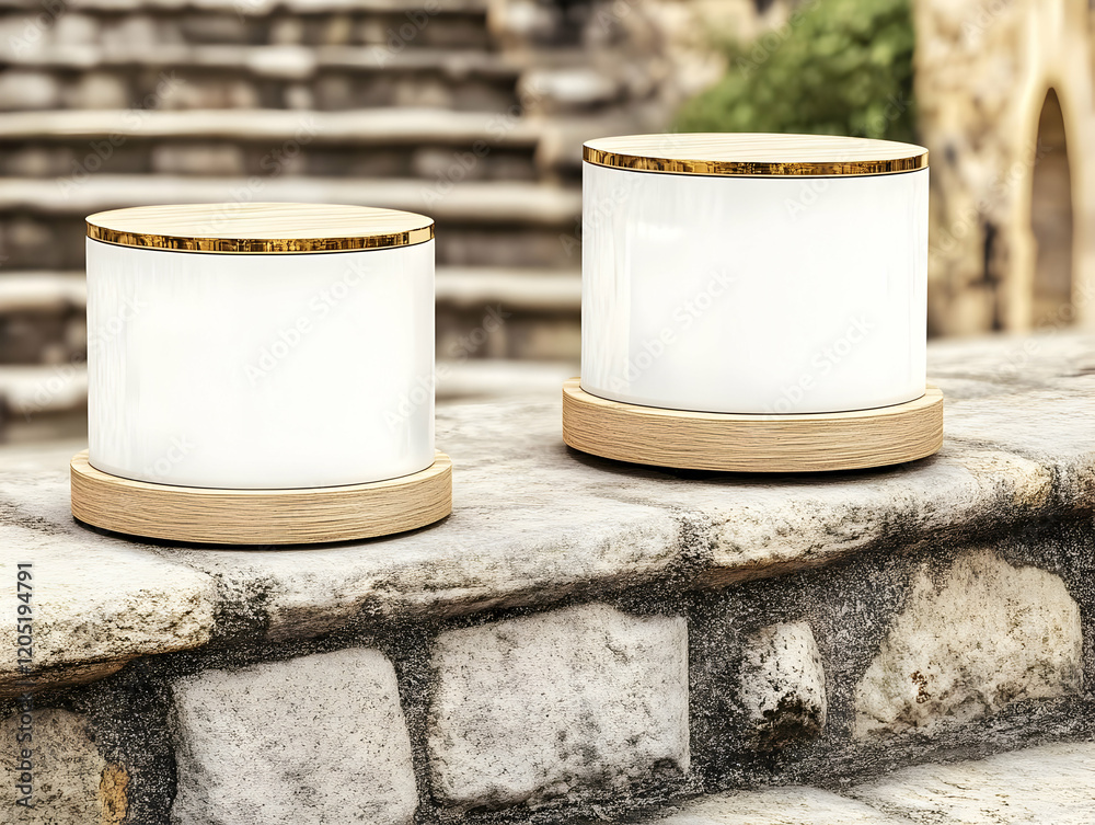 Two White Cylinder Podiums with Gold Accents and Wooden Bases Resting on a Stone Wall Two White Cylinder Podiums with Gold Accents and Wooden Bases Resting on a Stone Wall