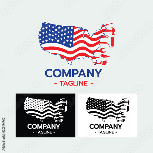 House Builder Logo USA flag,House Repair Service,Construction Building Worker Tool Handyman concept vector illustration