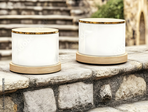 Two White Cylinder Podiums ...