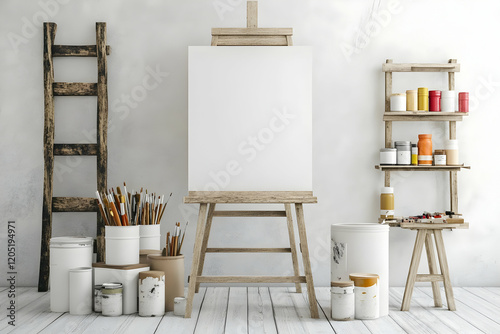 Blank Canvas on Wooden Easel Stands in an Art Studio with Paints and Brushes Beautifully Arranged