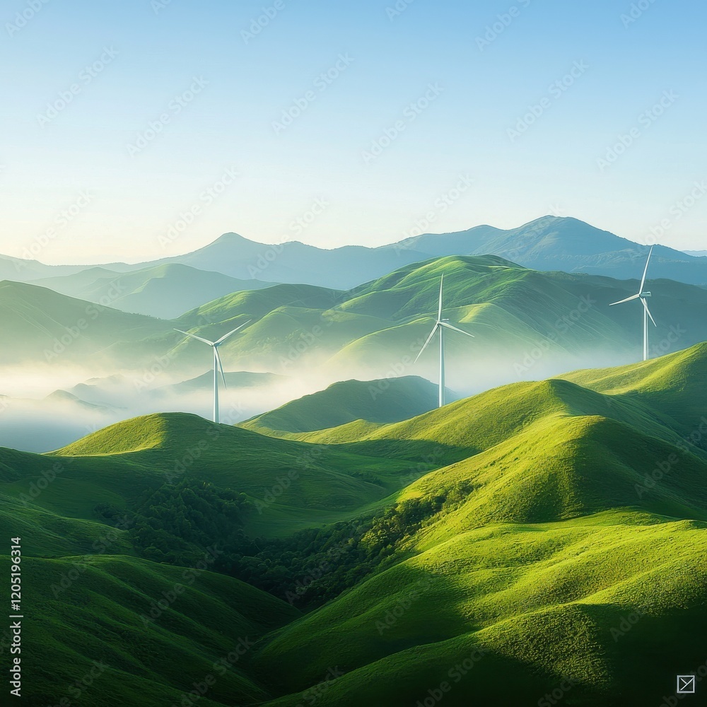 Fototapeta premium Renewable energy wind turbines in lush mountain landscape at sunrise nature clear blue sky view