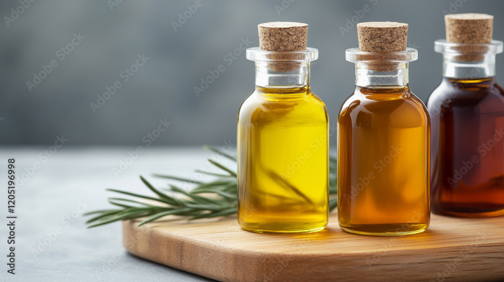 Three glass bottles of oil with rosemary on wooden board, ideal for culinary and wellness uses. Three glass bottles of oil with rosemary on wooden board, ideal for culinary and wellness uses.