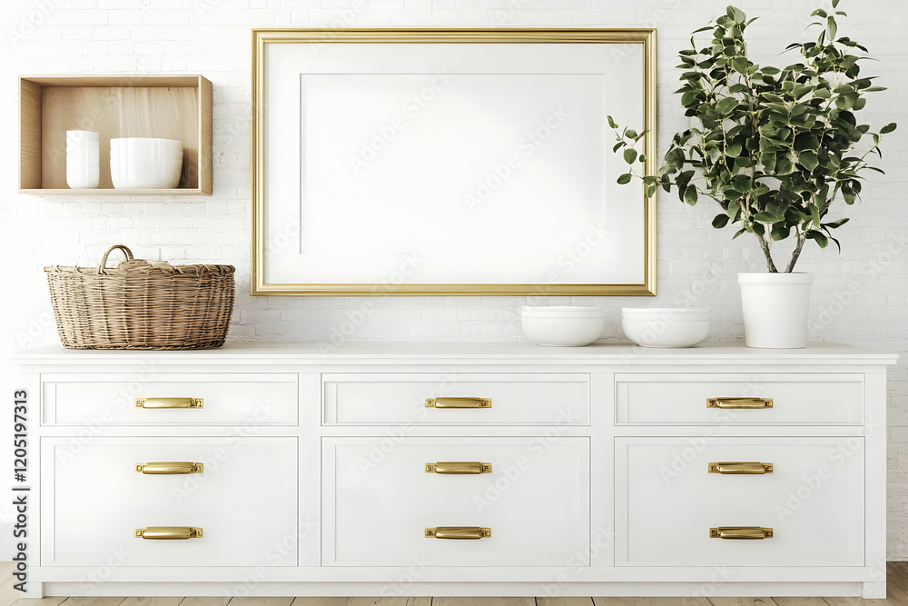 Fototapeta premium White Cabinet with Gold Frame Mockup Displays Modern Interior Design with Greenery Accents Elegantly