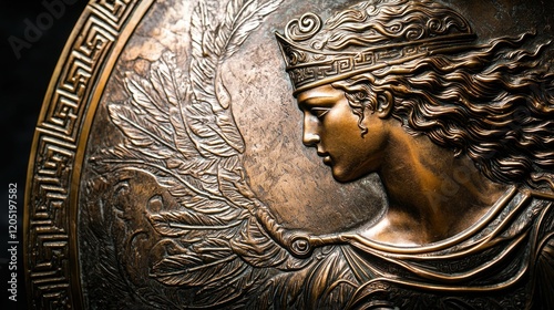 A detailed bronze relief depicts a winged figure with a crown, showcasing intricate craftsmanship and mythological themes.