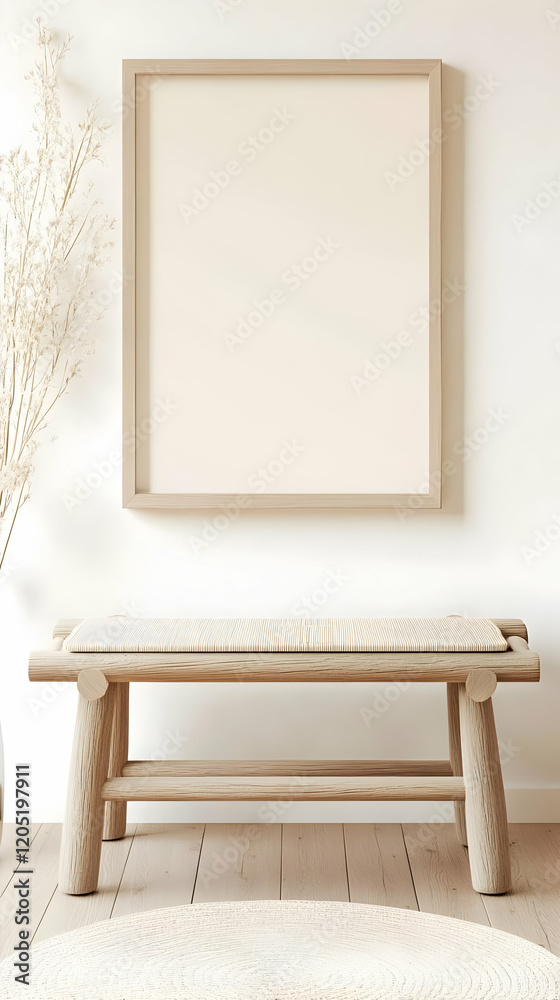 Minimalist interior design with wooden bench and frame mockup in light room with dried plants.