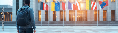 Young traveler with backpack explores international flags outside modern government building, symbolizing global unity and cultural diversity. photo